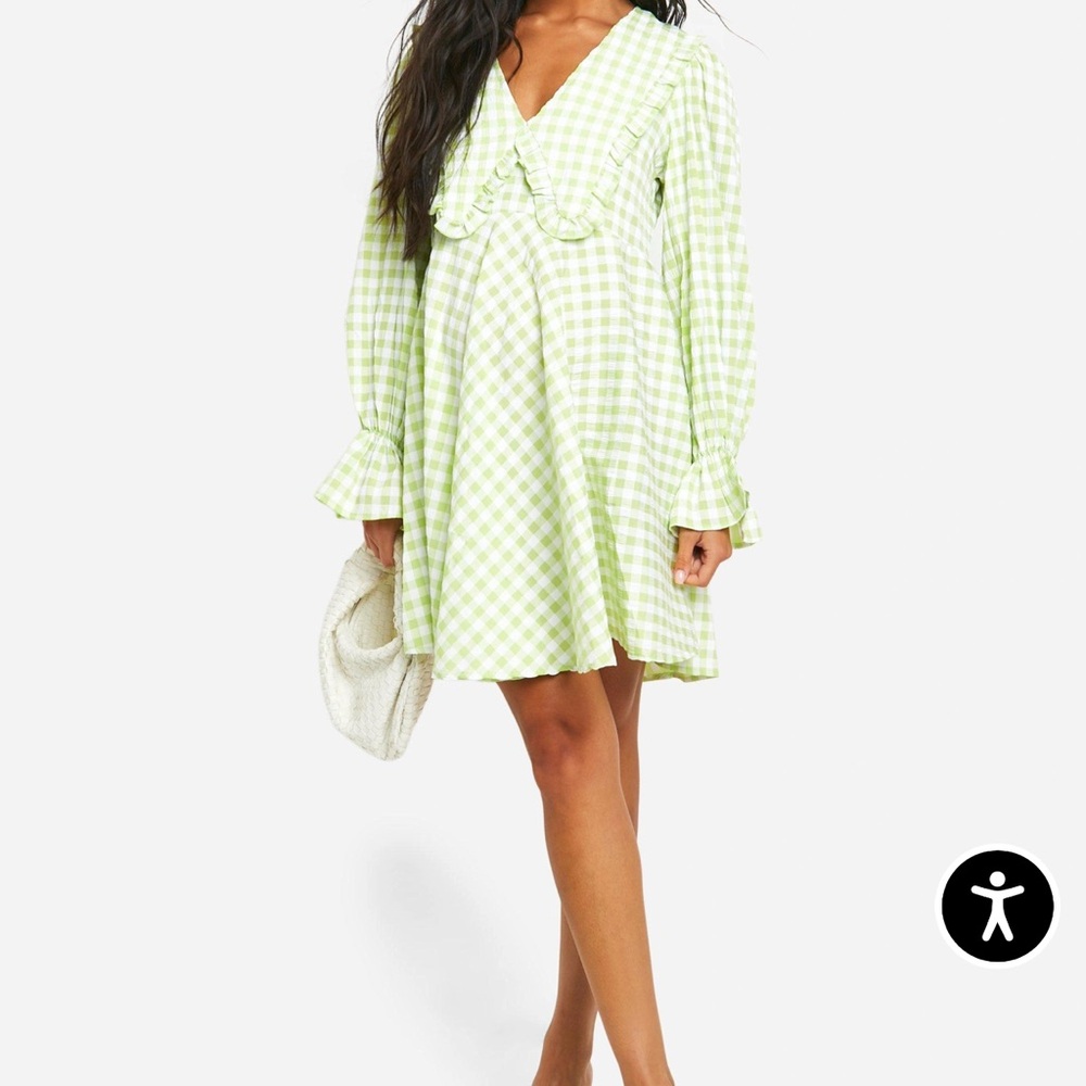 Boohoo Maternity Light Green Gingham Ruffle Collar Swing Dress